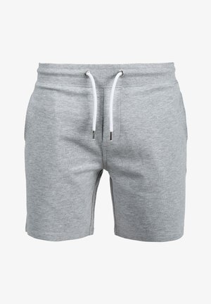 Jasnoszare szorty bawełniane z elastycznym pasem i białym sznurkiem, przednie i boczne kieszenie, styl casual.