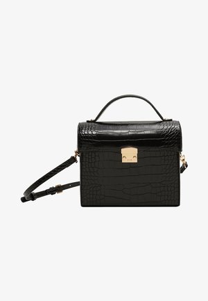 Zwarte faux krokodillen leren handtas met een gestructureerde vorm, gouden sluiting, afneembare schouderriem en handvat voor veelzijdig dragen.