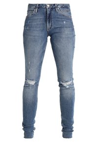 Jeans ajustados de tiro alto en azul, hechos de denim, con un ligero desgastado, rodillas desgarradas y una silueta ceñida con pernera estrecha.