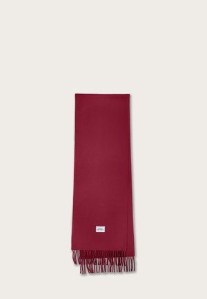 Sciarpa bordeaux con dettagli Frange. Realizzata in tessuto morbido, presenta una forma rettangolare e una piccola etichetta con logo vicino al bordo inferiore.