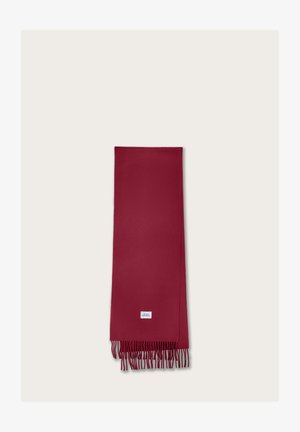 Burgundy scarf with fringe detailing. Made from soft fabric, featuring a rectangular shape and a small logo tag near the bottom edge.