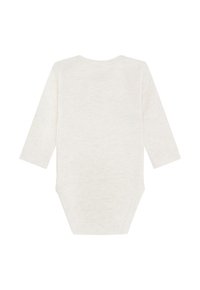 Body per neonati a maniche lunghe color crema con scollatura rotonda e chiusure a pressione sul fondo, visibile da dietro.