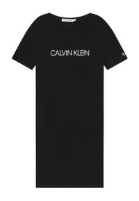 �Černé bavlněné tričko s krátkým rukávem a kulatým výstřihem, na přední straně s bílým logem "CALVIN KLEIN" a malým logem na rukávu.