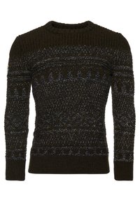 Tummanvihreä neulottu pusero pyöreällä pääntiellä, jossa on monimutkaisia vaaleansinisiä geometrisia kuvioita sekä resorit hihansuissa ja helmassa.