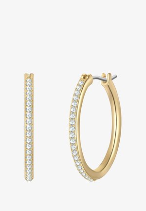 Zlaté kruhové náušnice s elegantným dizajnom, ozdobené radom jasných, okrúhlych kamienkov pozdĺž predného okraja.
