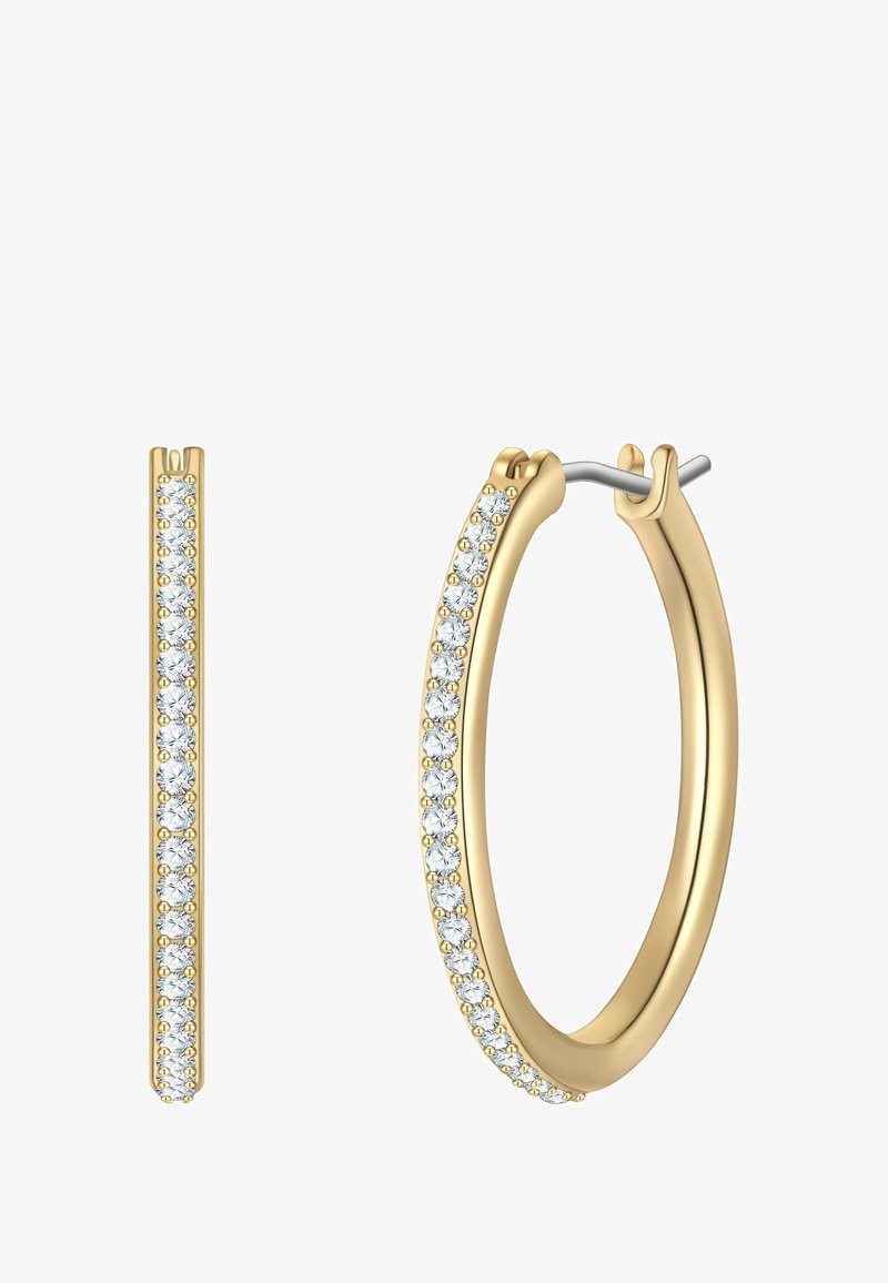 Aukso žiedinės auskarai, pasižymintys plonu dizainu, puošti skaidrių, apvalių cirkonio akmenų eile priekyje.