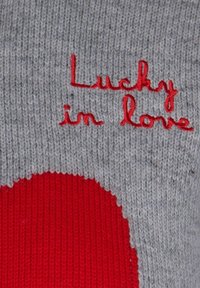 Tessuto grigio lavorato a maglia presenta la scritta ricamata rossa "Lucky in love" accanto a un grande motivo circolare rosso. La texture appare morbida e calda.