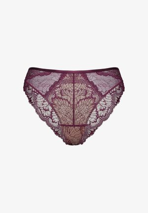 Lace lingerie in deep burgundy with floral pattern, sheer body, scalloped edges, and a smooth waistband. Features intricate lace detailing.