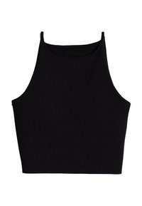 Črn skrajšan top iz mehkega materiala, z visokim ovratnikom in širokimi izrezi za roke, minimalnega dizajna brez vidnih kovinskih delov.