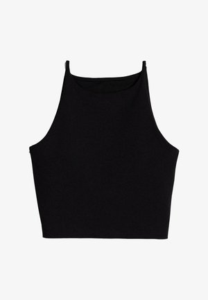 Sort cropped top lavet af blødt stof, der har en høj halsudskæring og brede armhuller med minimal design og ingen synlig hardware.