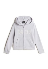 Light gray zip-up hoodie made of soft fabric. Features a front pocket and floral graphic text on the chest. Includes a hood and ribbed cuffs.