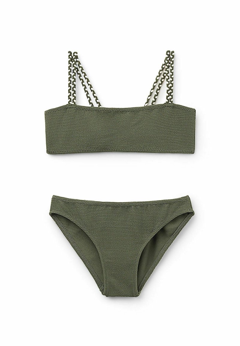 Zelenohnědá bikiny sada obsahující texturovaný bandeau top s řetízkovými ramínky a odpovídajícími nízkými kalhotkami. Materiál se zdá být elastický a přiléhavý.