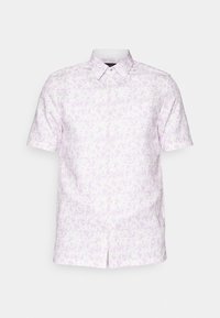 Koszula na krótki rękaw zapinana na guziki w jasnym odcieniu fioletu z kwiatowymi wzorami, wykonana z lekkiego materiału, z klasycznym kołnierzykiem i prostym dołem.