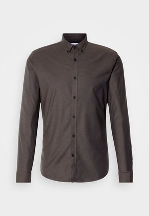Dark brown long-sleeve button-up shirt made of smooth fabric, featuring a classic collar, black buttons, and straight cuffs.