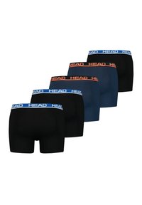 Cinq paires de boxers avec des bretelles élastiques. Les couleurs incluent noir, marine et bleu, arborant le logo "HEAD" sur les ceintures dans des couleurs contrastées.