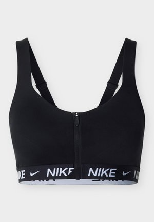 Melns Nike sporta krūšturis ar priekšējo rāvējslēdzēju un regulējamām lencēm, aprīkots ar zīmola elastīgo joslu zem krūtīm atbalstam.