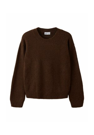 Pull en laine marron foncé à manches longues avec encolure ronde et poignets et bas côtelés, posé à plat sur un fond blanc.