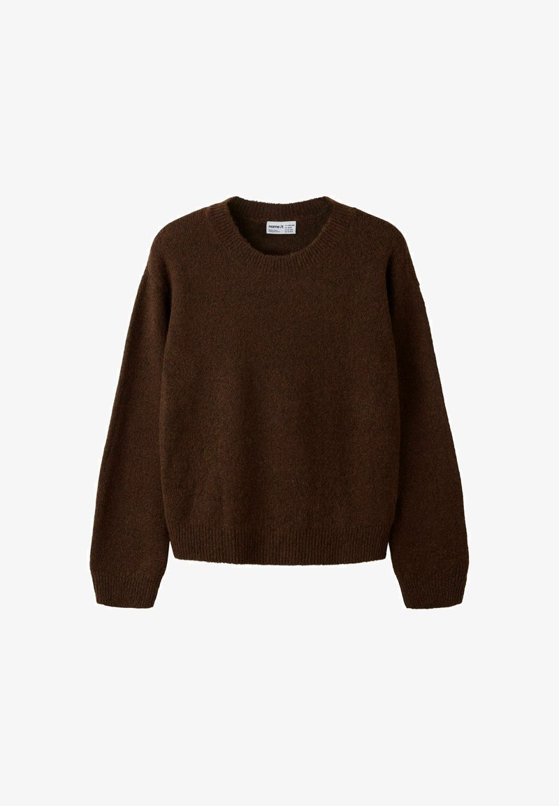 Pull en laine marron foncé à manches longues avec encolure ronde et poignets et bas côtelés, posé à plat sur un fond blanc.
