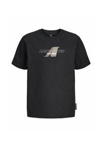 Zwarte katoenen t-shirt met korte mouwen, met een kleurrijk grafisch logo op de voorkant en een klein label aan de zoom.
