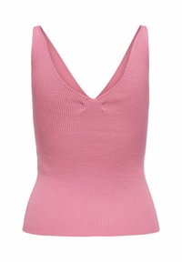 Haut rose en maille côtelée sans manches avec un profond décolleté en V et une taille cintrée.