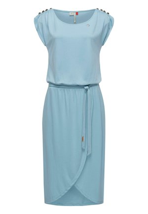 Helles blaues Kleid mit kurzen Ärmeln, Wickeldesign, Krawatte in der Taille und dekorativen Knöpfen auf den Schultern. Weicher, glatter Stoff.