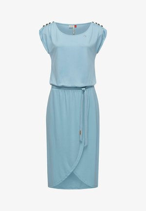 Helles blaues Kleid mit kurzen Ärmeln, Wickeldesign, Krawatte in der Taille und dekorativen Knöpfen auf den Schultern. Weicher, glatter Stoff.