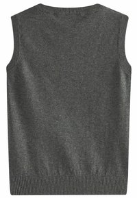Grauer ärmelloser Pullover mit rundem Halsausschnitt, geripptem Hals- und unteren Saum, der eine glatte Textur und ein einfaches Design aufweist.