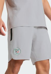 Jasnoszare szorty z bocznymi kieszeniami, z zielono-czerwonym emblematem drużyny piłkarskiej Algierii. Wykonane z gładkiego, lekkiego materiału.