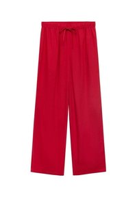 Rdeče široke hlače z vrvico v pasu, izdelane iz lahkotnega materiala, z gladko teksturo in brez vidnih vzorcev ali detajlov.