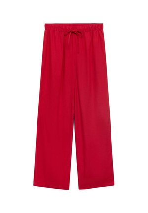 Pantalons larges rouges avec une taille à cordon, fabriqués en tissu léger, présentant une texture douce et sans motifs ni accents visibles.