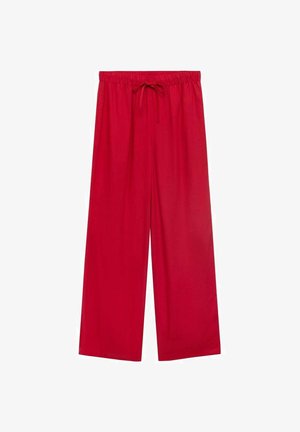 Pantaloni larghi rossi con vita elasticizzata, realizzati in tessuto leggero, con una texture liscia e senza motivi o accenti visibili.