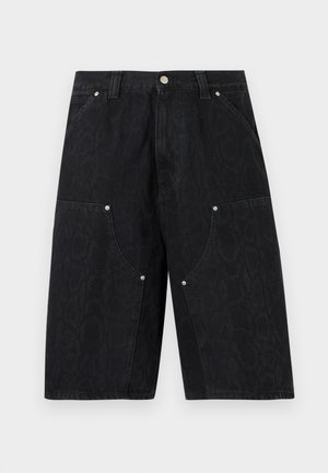 Shorts in denim nero con tasche anteriori, rivetti argentati e passanti per cintura, caratterizzati da un motivo testurizzato sottile.