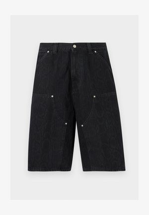 Čierne denimové šortky s prednými vreckami, striebornými nitmi a pútkami na opasok, s jemným textúrovaným vzorom.