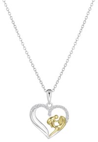 Zilveren hartvormige hanger met een gouden figuur binnenin, versierd met kleine heldere steentjes langs de bovenrand. Ketting is ook van zilver.
