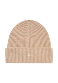 Gorro de punto en beige claro con textura acanalada y puño doblado, con un pequeño logo bordado en un color contrastante.