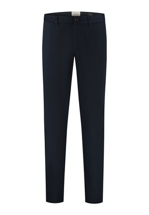 Pantaloni da uomo slim fit blu navy con passanti per cintura, chiusura con bottoni e tessuto strutturato.