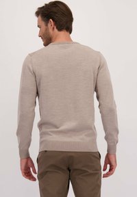 Lichtgrijze trui met lange mouwen en een ronde hals, voorzien van geribde manchetten en zoom, gedragen over kaki broeken.