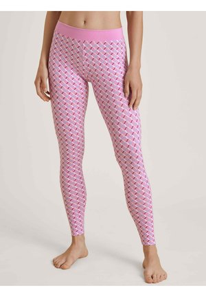 Roze leggings met een diamanten patroon in lichtblauw en paars. Zacht materiaal met een elastische tailleband, aangesloten pasvorm en enkel lengte.