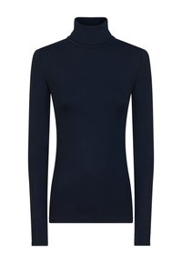 Maglione a collo alto navy a maniche lunghe in un tessuto morbido e stretchy con una silhouette aderente e un collo alto per ulteriore calore. Senza motivi o accentuazioni.