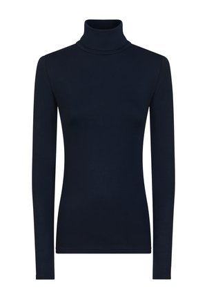 Maglione a collo alto navy a maniche lunghe in un tessuto morbido e stretchy con una silhouette aderente e un collo alto per ulteriore calore. Senza motivi o accentuazioni.