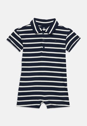 Grenouillère bébé à manches courtes rayée bleu marine et blanc avec col et trois boutons à l’avant.
