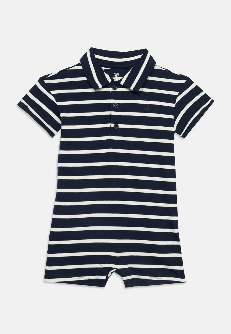 Grenouillère bébé à manches courtes rayée bleu marine et blanc avec col et trois boutons à l’avant.