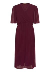 Burgundy pleated dress with a v-neck, short puff sleeves, and a fitted waist. Made from lightweight, flowing fabric. Mid-length design.