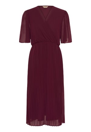 Burgundy pleated dress with a v-neck, short puff sleeves, and a fitted waist. Made from lightweight, flowing fabric. Mid-length design.