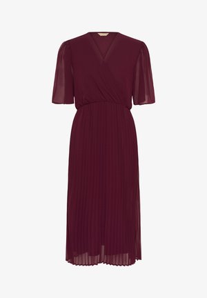 Burgunderfarbenes, plissiertes Kleid mit V-Ausschnitt, kurzen Puffärmeln und taillierter Passform. Aus leichtem, fließendem Stoff gefertigt. Mittellanges Design.