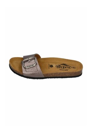 Single bronze metallic slide sandal with wide adjustable buckle strap, cork footbed, and black sole, size 38, branded Plakton.