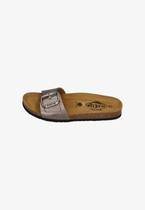Single bronze metallic slide sandal with wide adjustable buckle strap, cork footbed, and black sole, size 38, branded Plakton.