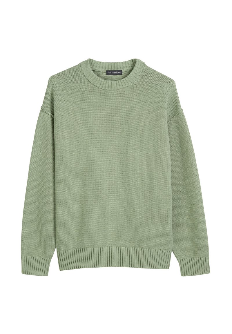 Pull en maille vert clair avec un col rond, des épaules tombantes et des poignets et un ourlet côtelés. Texture lisse, coupe décontractée.
