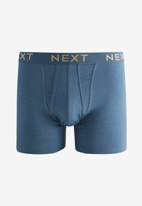 Boxers en coton bleu avec une ceinture en or portant le logo "NEXT", dotés d'une texture lisse et d'un design ajusté. Pas de motifs ou accents distincts.