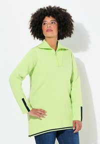 Pullover verde con colletto con zip, maniche lunghe e accenti contrastanti blu scuro sui polsini e sull'orlo. Tessuto morbido con una vestibilità rilassata.